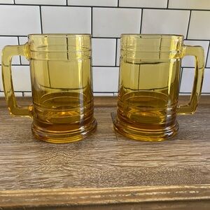 2 MCM Beer Steins Vintage Set Heavy Yellow Glass Mugs Honey Amber Colored Retro